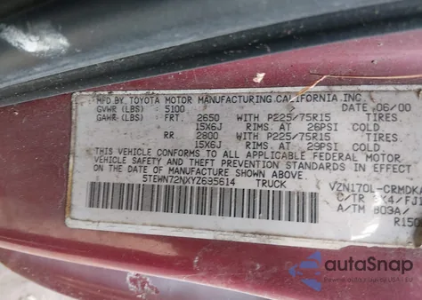 2000 Toyota Tacoma Base V6 from USA, damaged, VIN 5TEWN72NXYZ695614